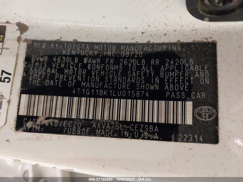 VIN 4T1G11BK1LU015874 2020 TOYOTA CAMRY SE