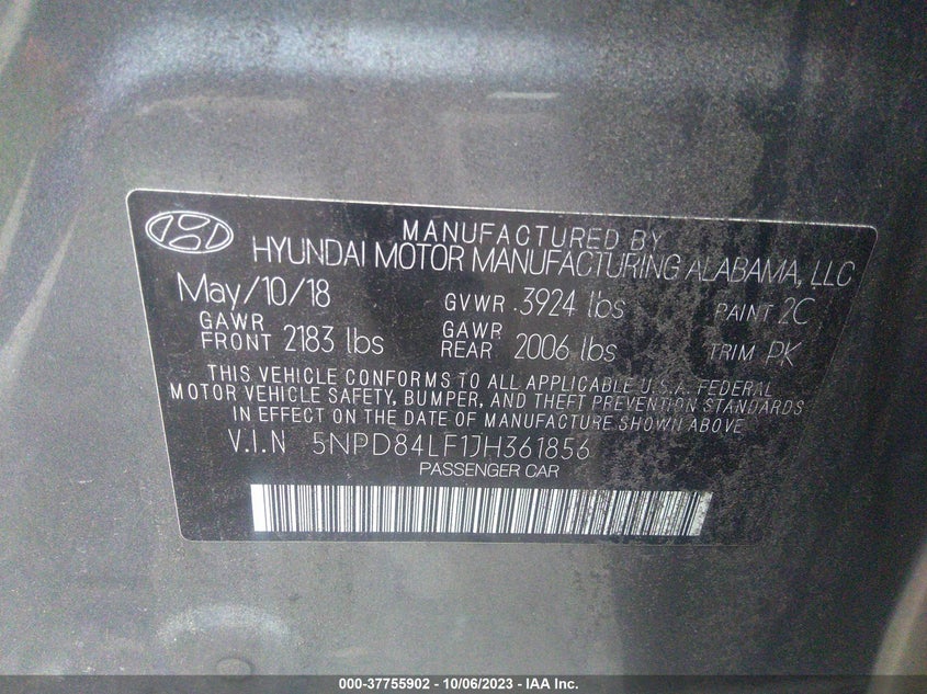 VIN 5NPD84LF1JH361856 2018 HYUNDAI ELANTRA VALUE EDITION