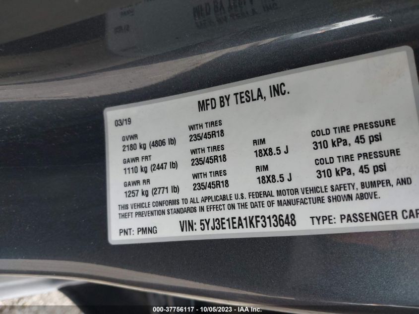 2019 TESLA MODEL 3 RANGE - 5YJ3E1EA1KF313648