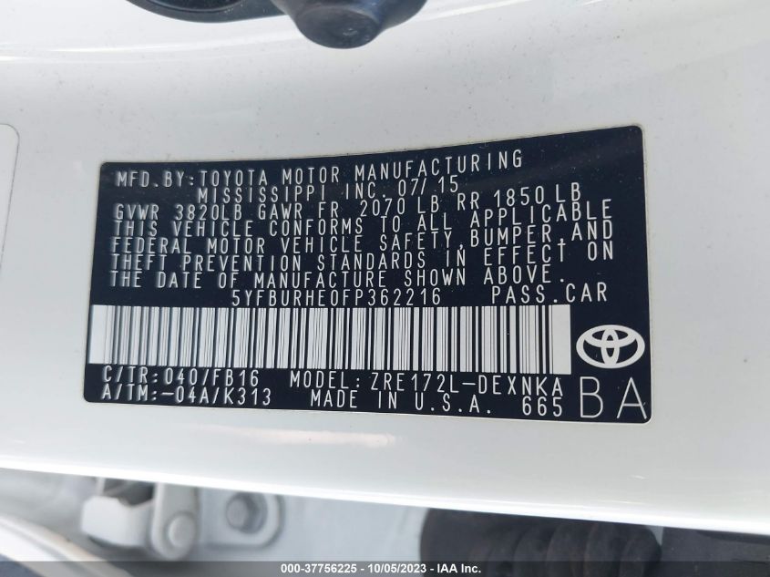 2015 TOYOTA COROLLA L/LE/S/S PLUS/LE PLUS - 5YFBURHE0FP362216