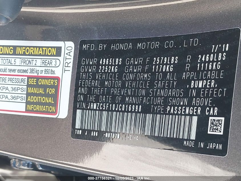 2018 HONDA CLARITY PLUG-IN HYBRID - JHMZC5F10JC016998