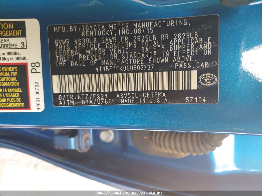 2016 TOYOTA CAMRY XLE/SE/LE/XSE - 4T1BF1FK0GU502737