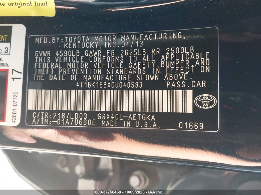 2013 TOYOTA AVALON XLE/LIMITED - 4T1BK1EBXDU040583