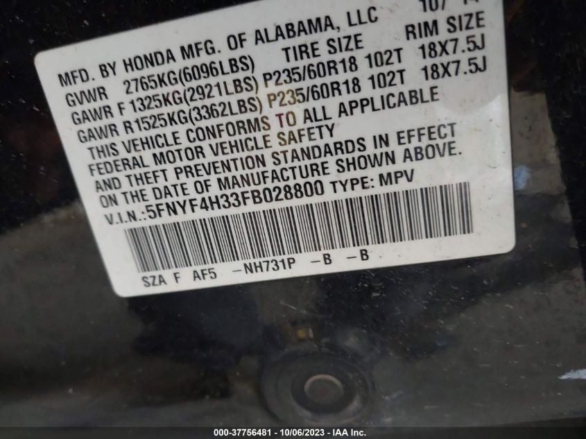 2015 HONDA PILOT SE - 5FNYF4H33FB028800