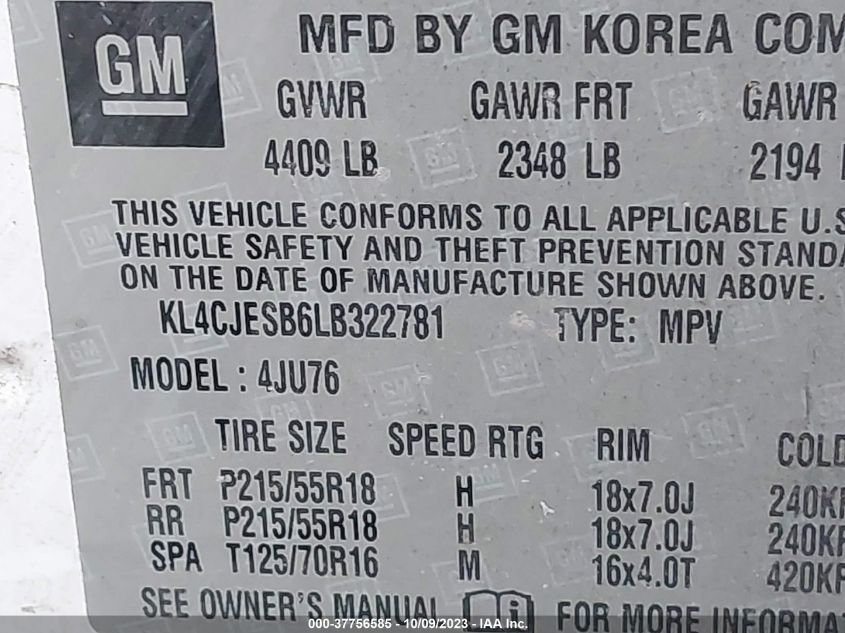 VIN KL4CJESB6LB322781 2020 BUICK ENCORE PREFERRED