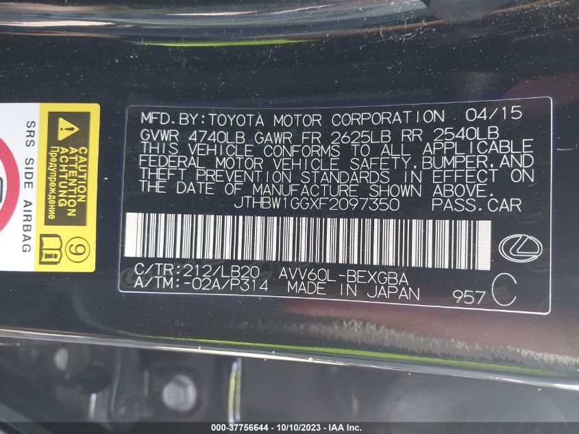 2015 LEXUS ES 300H HYBRID JTHBW1GGXF2097350