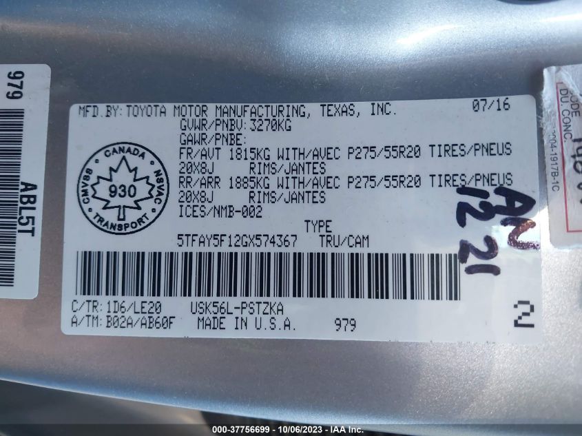 2016 TOYOTA TUNDRA 4WD TRUCK PLATINUM/1794 - 5TFAY5F12GX574367