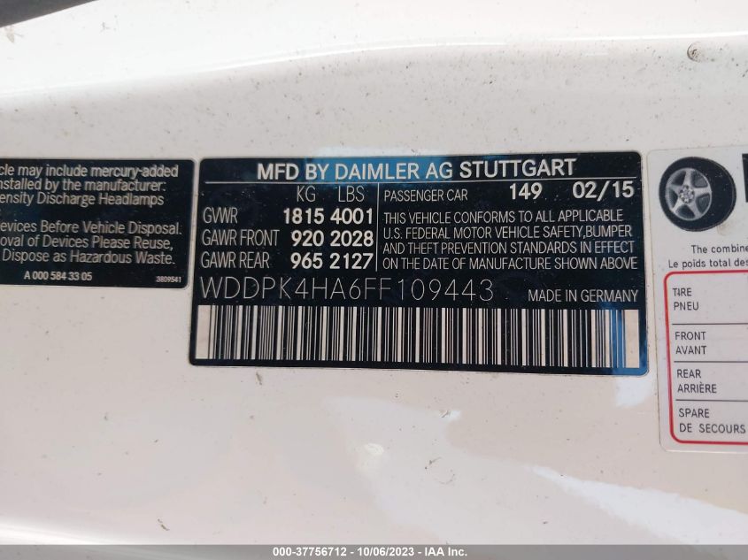 2015 MERCEDES-BENZ SLK-CLASS SLK 250 WDDPK4HA6FF109443