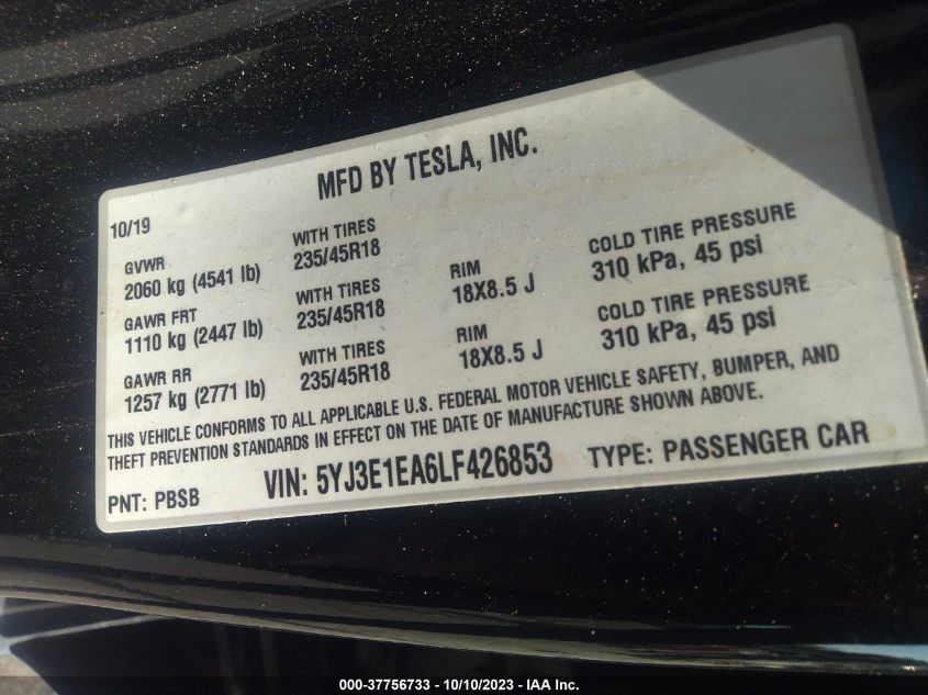 2020 TESLA MODEL 3 STANDARD RANGE - 5YJ3E1EA6LF426853