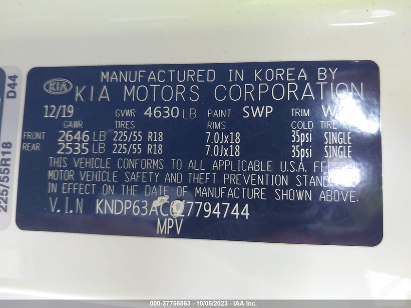 VIN KNDP63AC0L7794744 2020 KIA SPORTAGE S