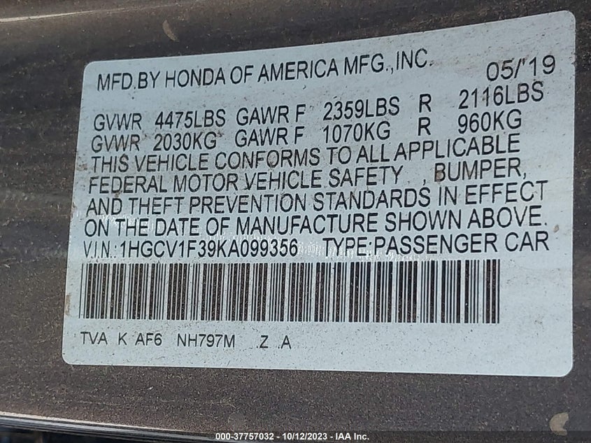 VIN 1HGCV1F39KA099356 2019 HONDA ACCORD SEDAN SPORT 1.5T