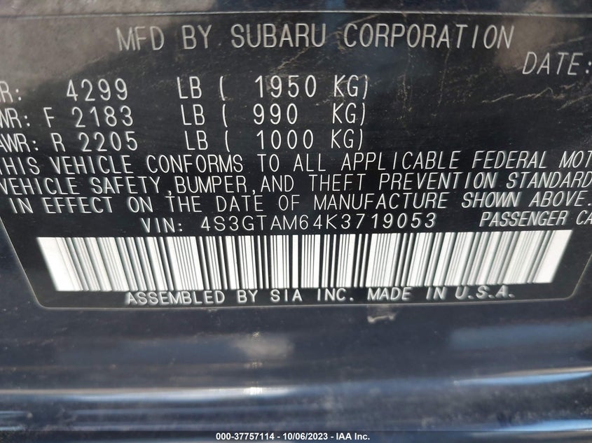 VIN 4S3GTAM64K3719053 2019 SUBARU IMPREZA SPORT