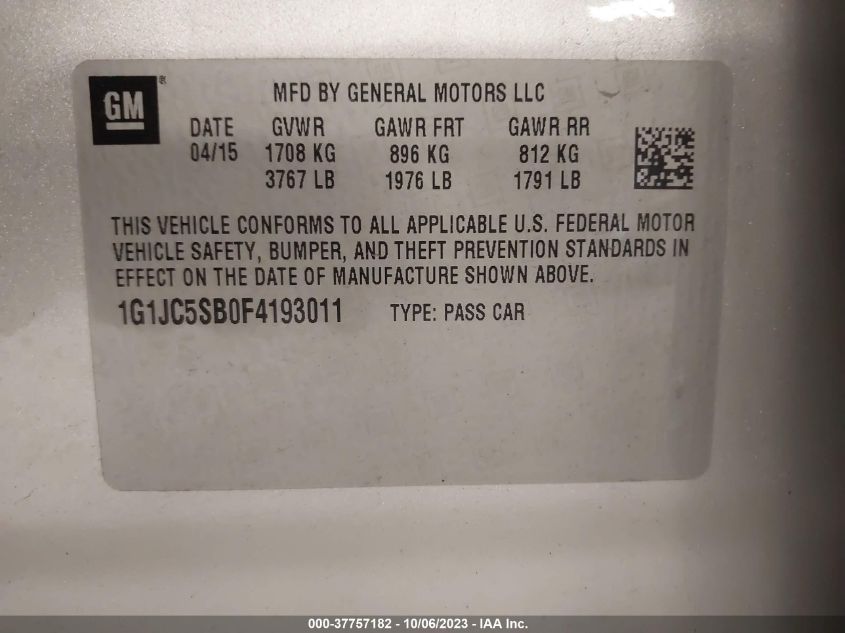 2015 CHEVROLET SONIC LT - 1G1JC5SB0F4193011