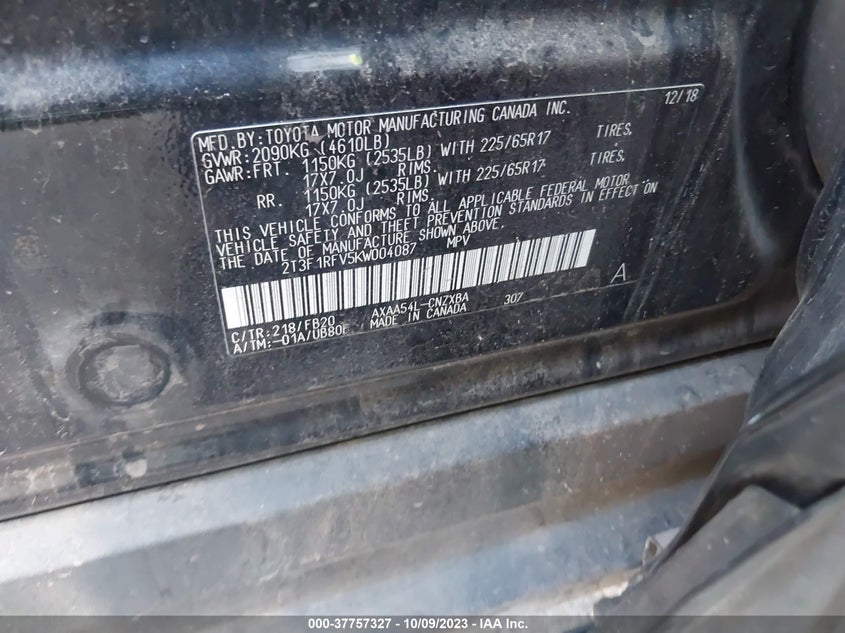 VIN 2T3F1RFV5KW004087 2019 TOYOTA RAV4 LE