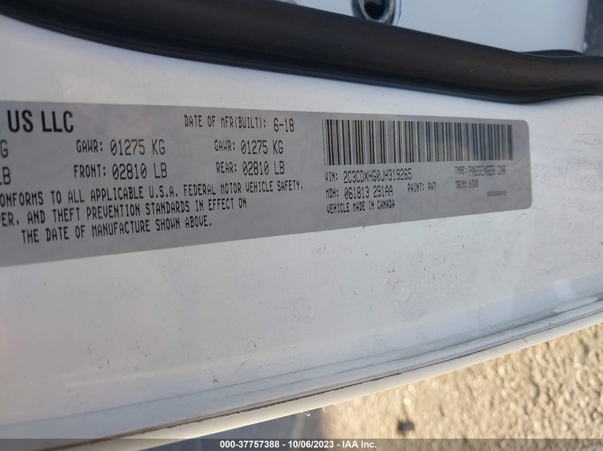 VIN 2C3CDXHG0JH319265 2018 DODGE CHARGER SXT PLUS