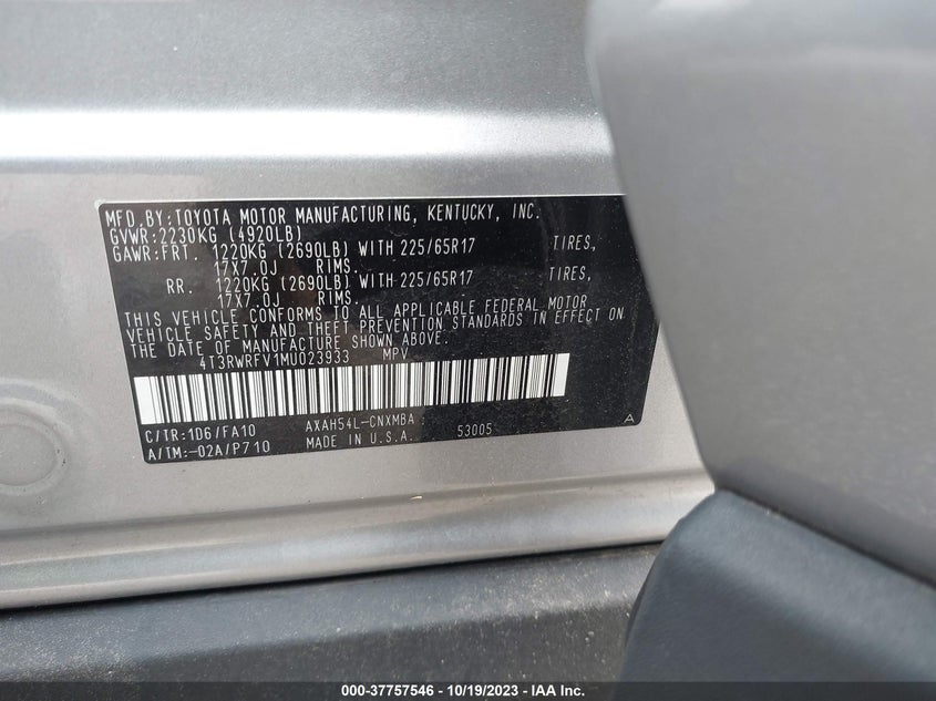 VIN 4T3RWRFV1MU023933 2021 TOYOTA RAV4 HYBRID XLE