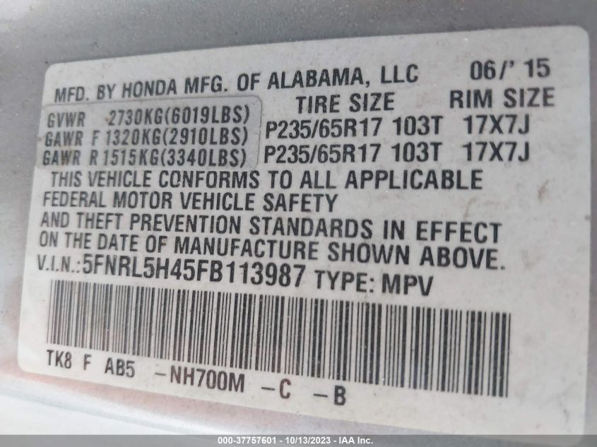 2015 HONDA ODYSSEY EX - 5FNRL5H45FB113987