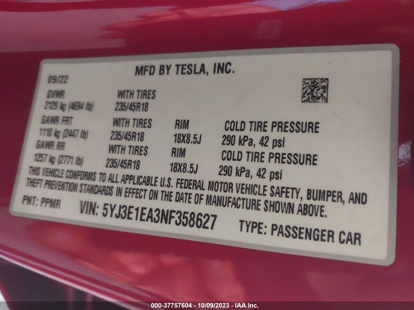 2022 TESLA MODEL 3 - 5YJ3E1EA3NF358627