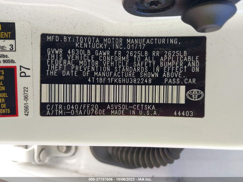 2017 TOYOTA CAMRY XLE/SE/LE/XSE - 4T1BF1FK6HU382248