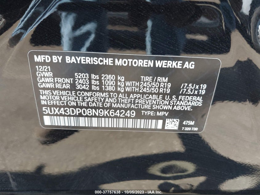 VIN 5UX43DP08N9K64249 2022 BMW X3 SDRIVE30I