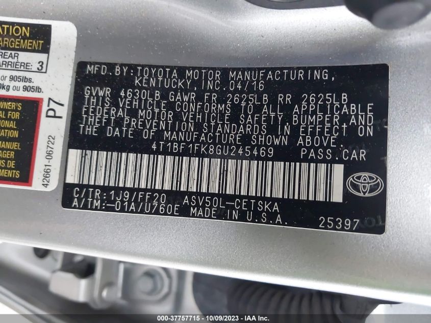 2016 TOYOTA CAMRY XLE/SE/LE/XSE - 4T1BF1FK8GU245469