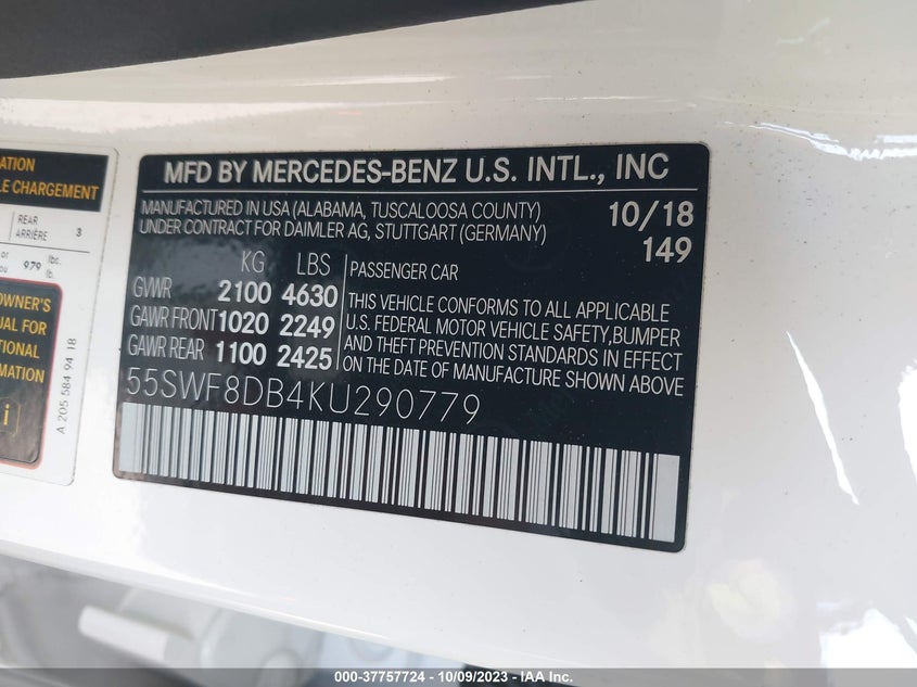 VIN 55SWF8DB4KU290779 2019 MERCEDES-BENZ C-CLASS C 300