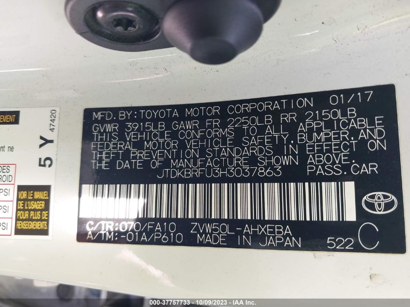 2017 TOYOTA PRIUS TWO/TWO ECO/THREE - JTDKBRFU3H3037863