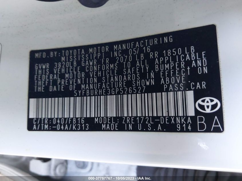 2016 TOYOTA COROLLA L/LE/S/S PLUS/LE PLUS - 5YFBURHE3GP526527