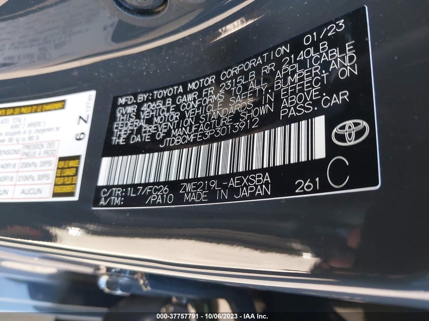 VIN JTDBCMFE3P3013912 2023 TOYOTA COROLLA LE/SE/XLE