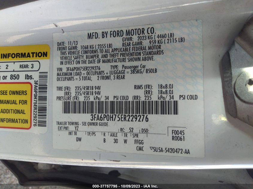 2014 FORD FUSION SE - 3FA6P0H75ER229276