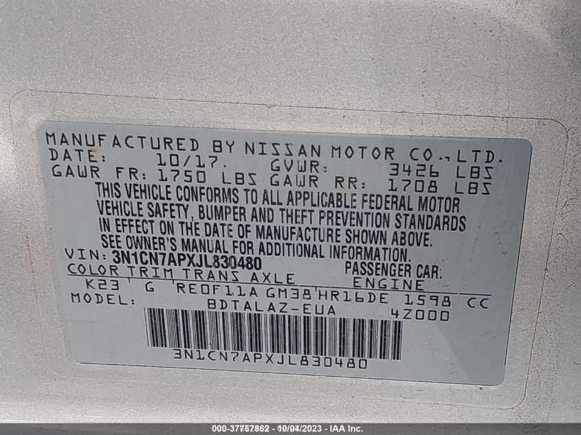 2018 NISSAN VERSA SEDAN S PLUS - 3N1CN7APXJL830480
