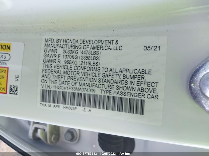 VIN 1HGCV1F33MA074309 2021 HONDA ACCORD SEDAN SPORT