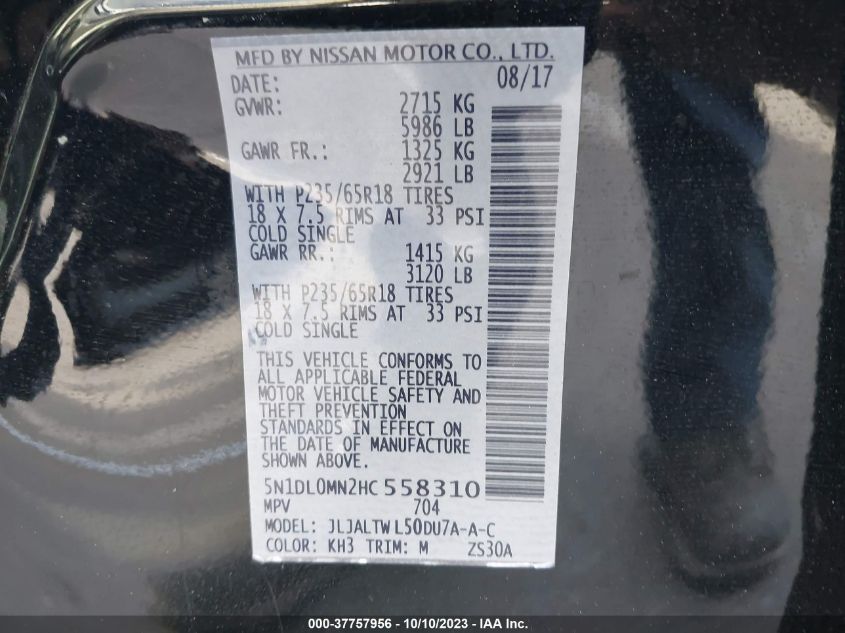2017 INFINITI QX60 - 5N1DL0MN2HC558310