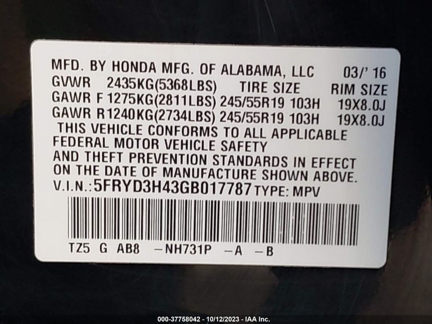 2016 ACURA MDX TECHNOLOGY - 5FRYD3H43GB017787
