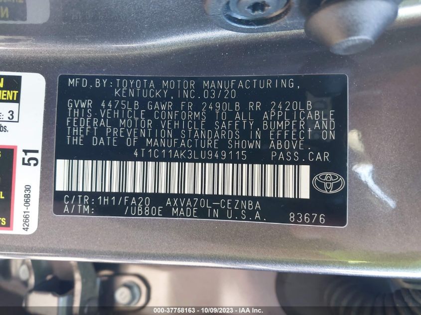 2020 TOYOTA CAMRY LE - 4T1C11AK3LU949115