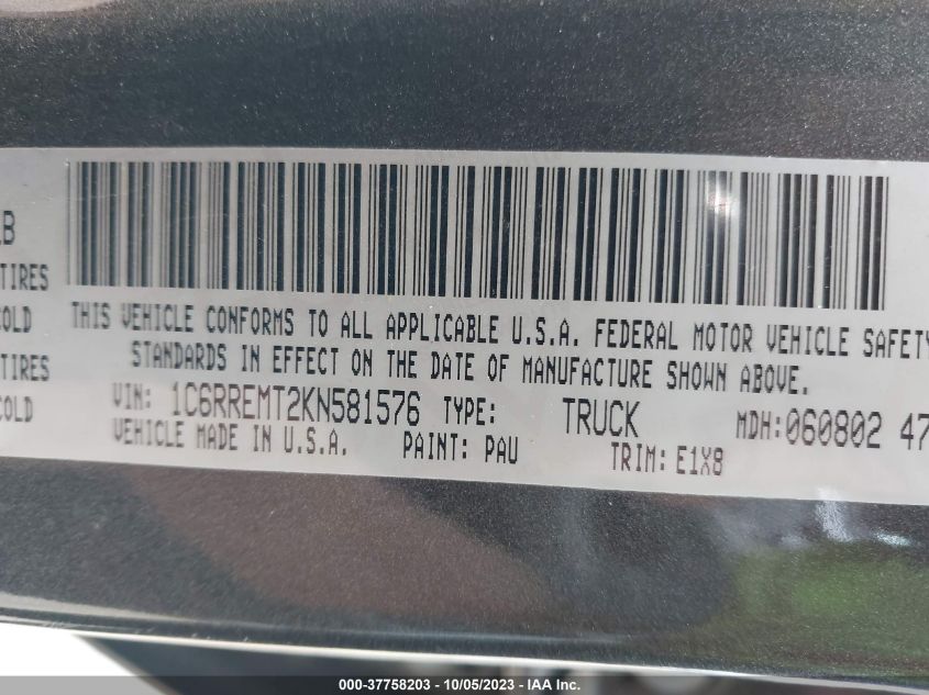 2019 RAM 1500 BIG HORN/LONE STAR - 1C6RREMT2KN581576