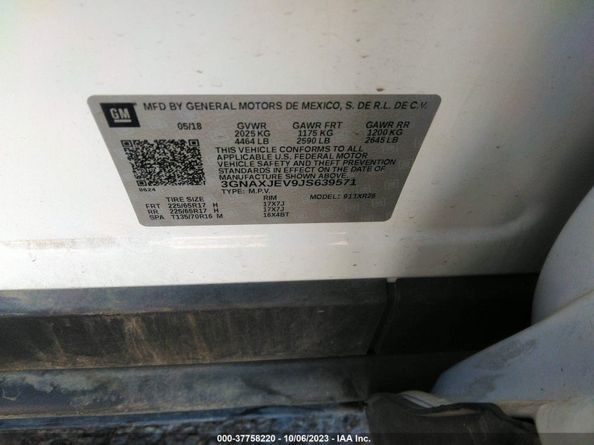 VIN 3GNAXJEV9JS639571 2018 CHEVROLET EQUINOX LT
