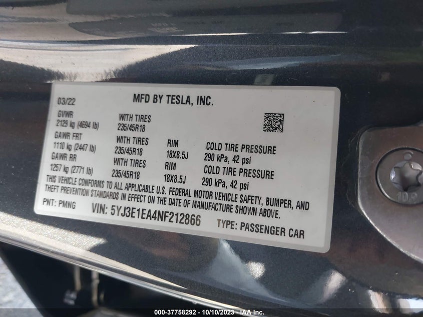 VIN 5YJ3E1EA4NF212866 2022 TESLA MODEL 3