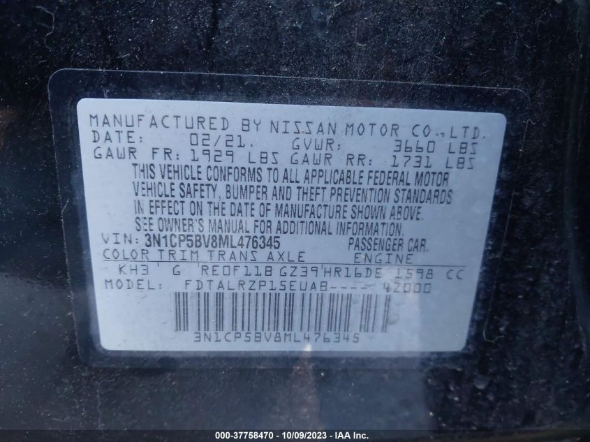VIN 3N1CP5BV8ML476345 2021 NISSAN KICKS S