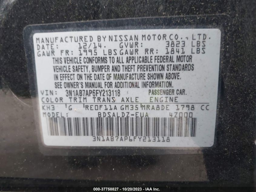 2015 NISSAN SENTRA S/SV/SR/SL - 3N1AB7AP6FY213118