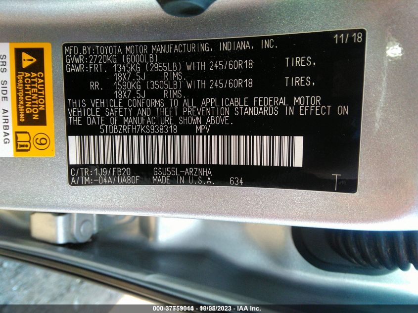 2019 TOYOTA HIGHLANDER LE 5TDBZRFH7KS938318