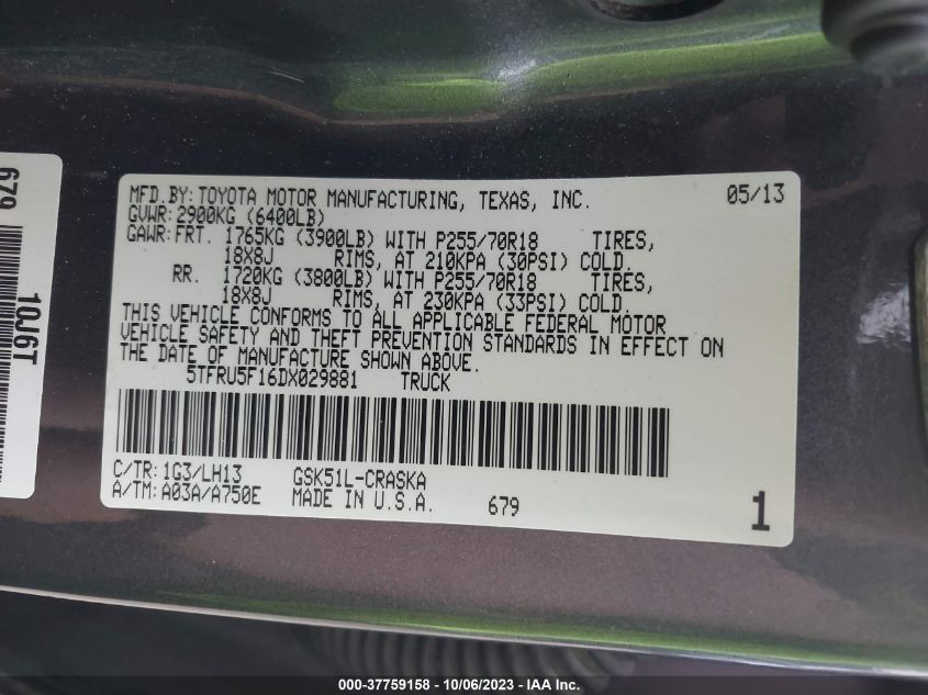 2013 TOYOTA TUNDRA 2WD TRUCK 5TFRU5F16DX029881
