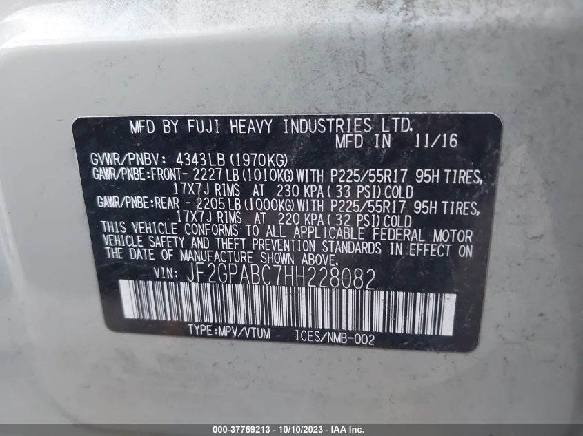 2017 SUBARU CROSSTREK PREMIUM - JF2GPABC7HH228082