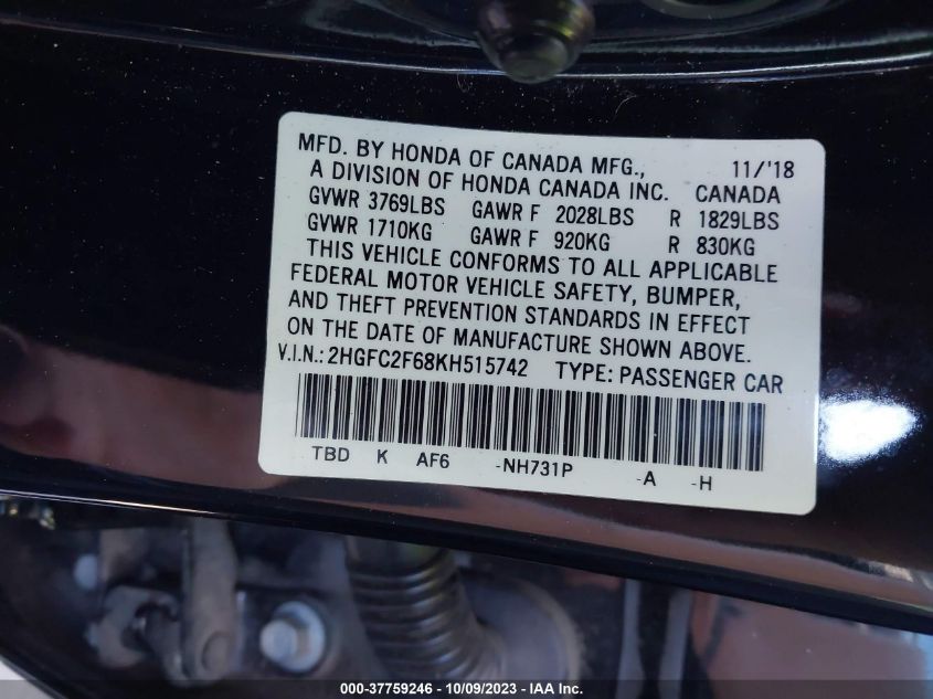 2HGFC2F68KH515742 Honda Civic Sedan LX 9