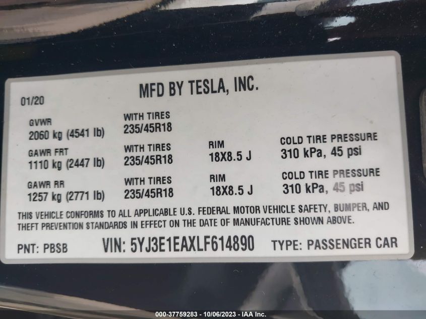 5YJ3E1EAXLF614890 | 2020 TESLA MODEL 3