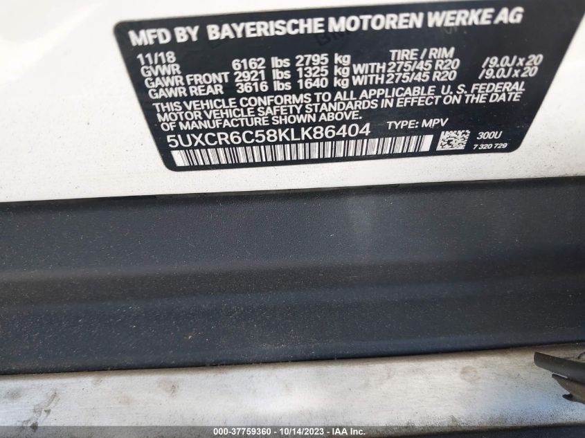 5UXCR6C58KLK86404 2019 BMW X5, photo no. 9