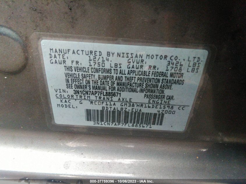2015 NISSAN VERSA SV - 3N1CN7AP7FL885671