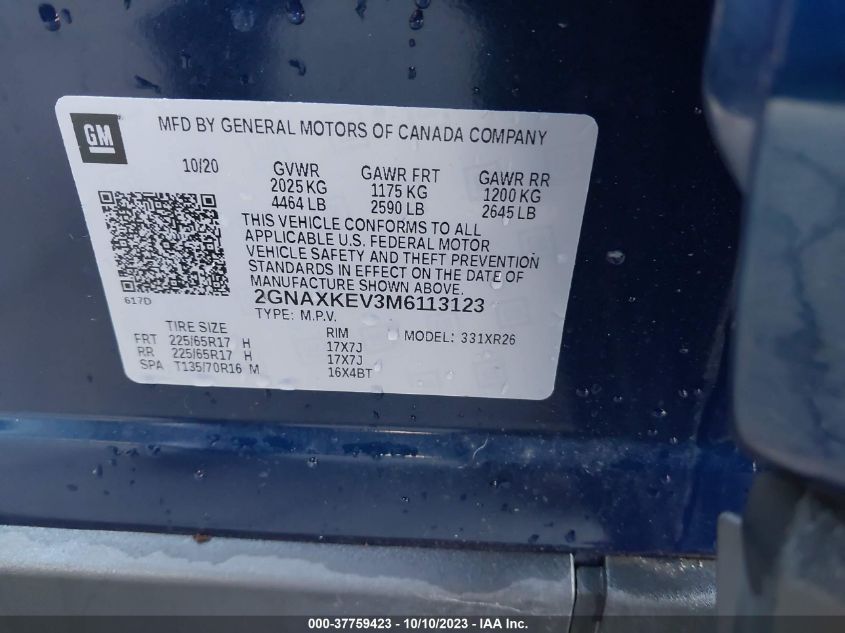 2021 CHEVROLET EQUINOX LT - 2GNAXKEV3M6113123