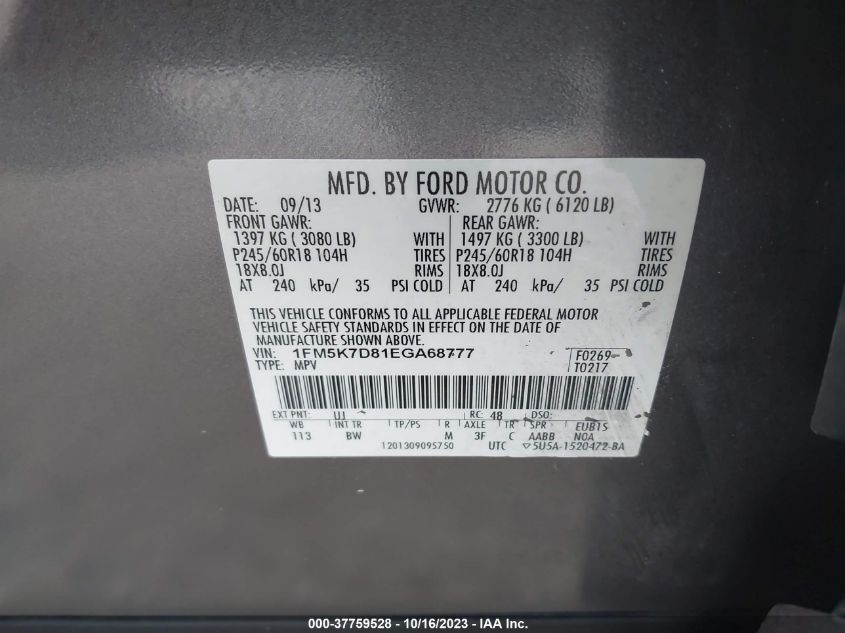 2014 FORD EXPLORER XLT - 1FM5K7D81EGA68777