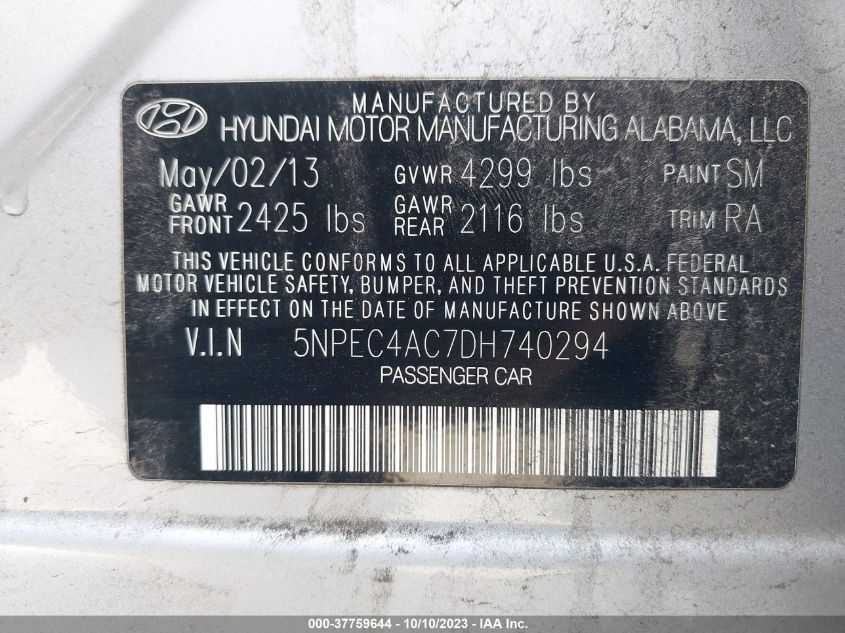 2013 HYUNDAI SONATA LIMITED - 5NPEC4AC7DH740294